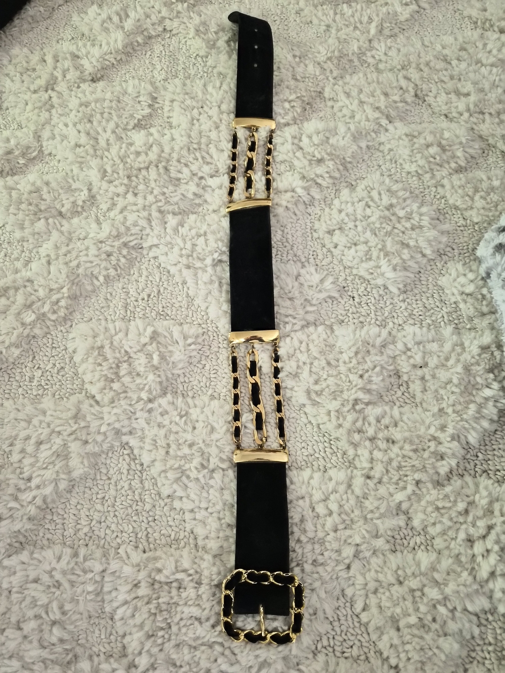 Women's Black Suede Belt with Gold Chain Accents